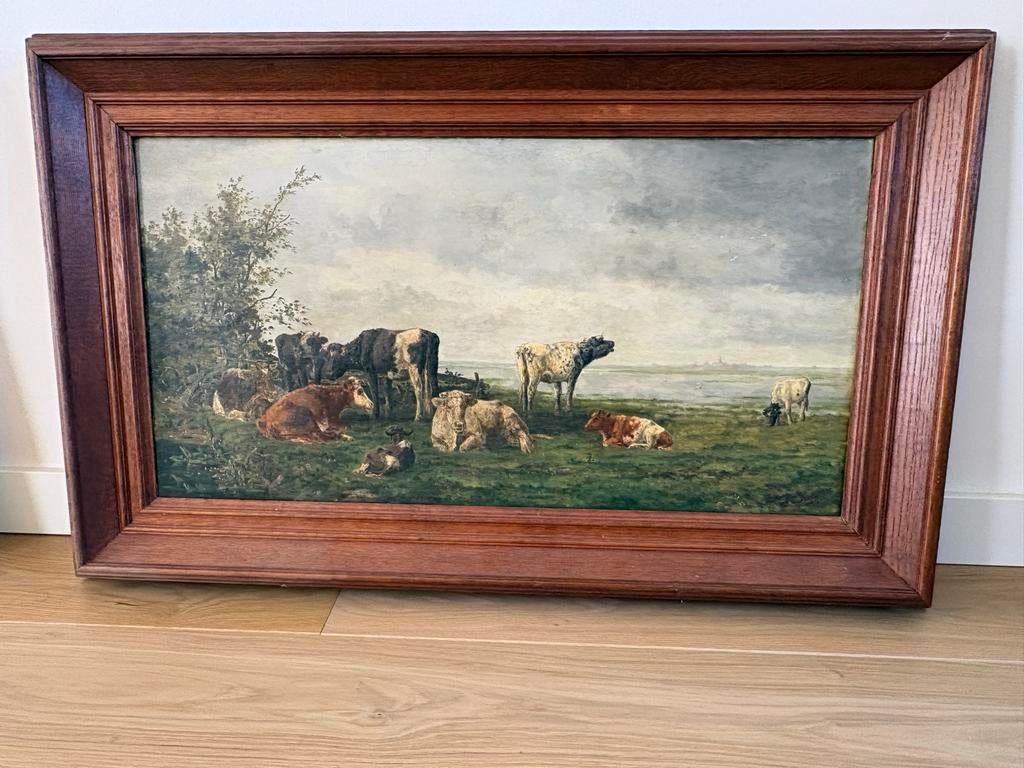 Schilderij Ary Cornelis Kooper - Koeien aan een rivieroever, Ophalen