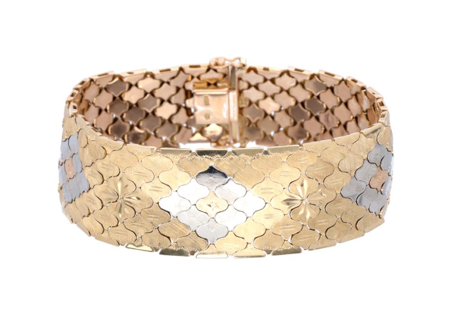 Prachtige Brede Tricolor Gouden Vintage Armband 18 KRT, Ophalen of Verzenden, Zo goed als nieuw, Goud, Goud