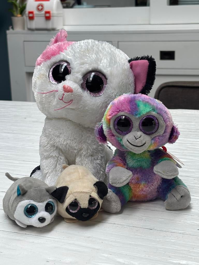 Leuke Ty Beanie knuffels - Kat, Aap, Muis en Mopshond, Ophalen of Verzenden, Kat, Klein (minder dan 20 cm), Wit