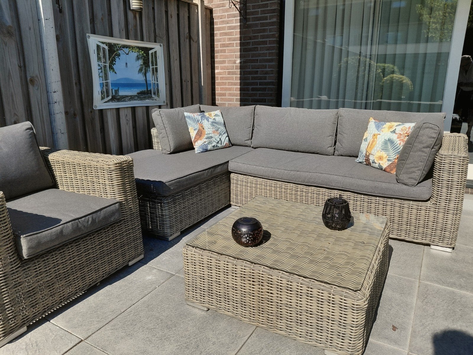 lounge Bank en fauteuil en Salontafel voor in de tuin., Ophalen, 5 zitplaatsen, Gebruikt, Wicker