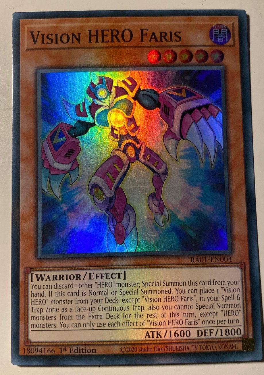 Yu-Gi-Oh! Vision HERO Faris RA01 1st Edition !, Ophalen of Verzenden, Gebruikt, Losse kaart, Foil