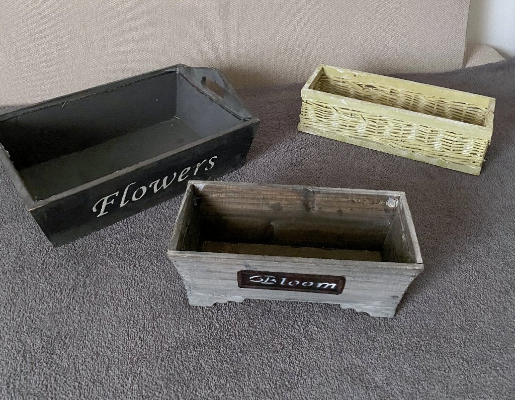 houten bloembakjes, rieten mandje, metaal / riet.bloempotten, Tuin en Terras, Bloembakken en Plantenbakken, Minder dan 30 cm, Minder dan 60 cm