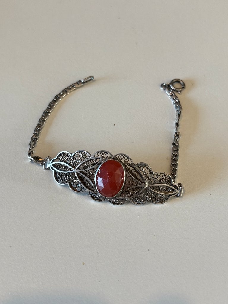 Vintage armband met steen, met bijpassende ring, Ophalen of Verzenden, Gebruikt, Zilver, Overige materialen