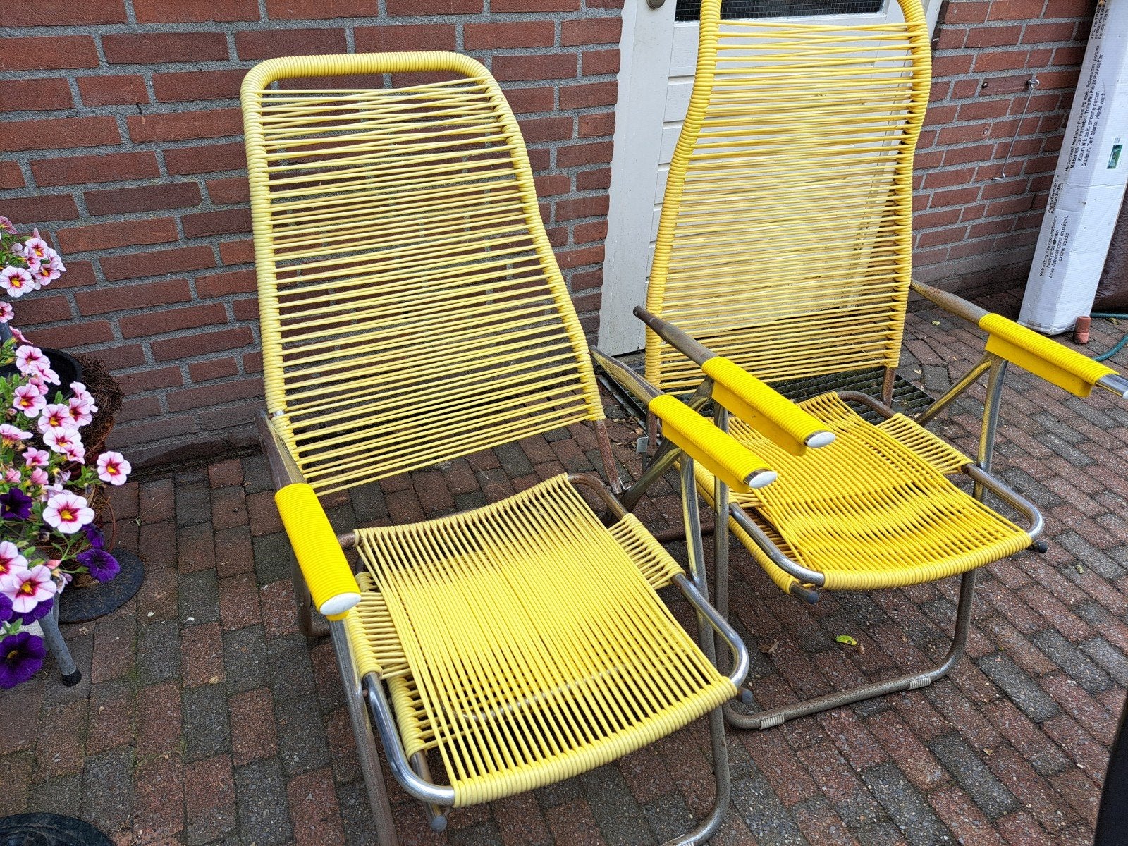 2 Vintage Gele Spaghetti Stoelen - Tuinstoelen, Ophalen, Gebruikt, Twee, Overige kleuren