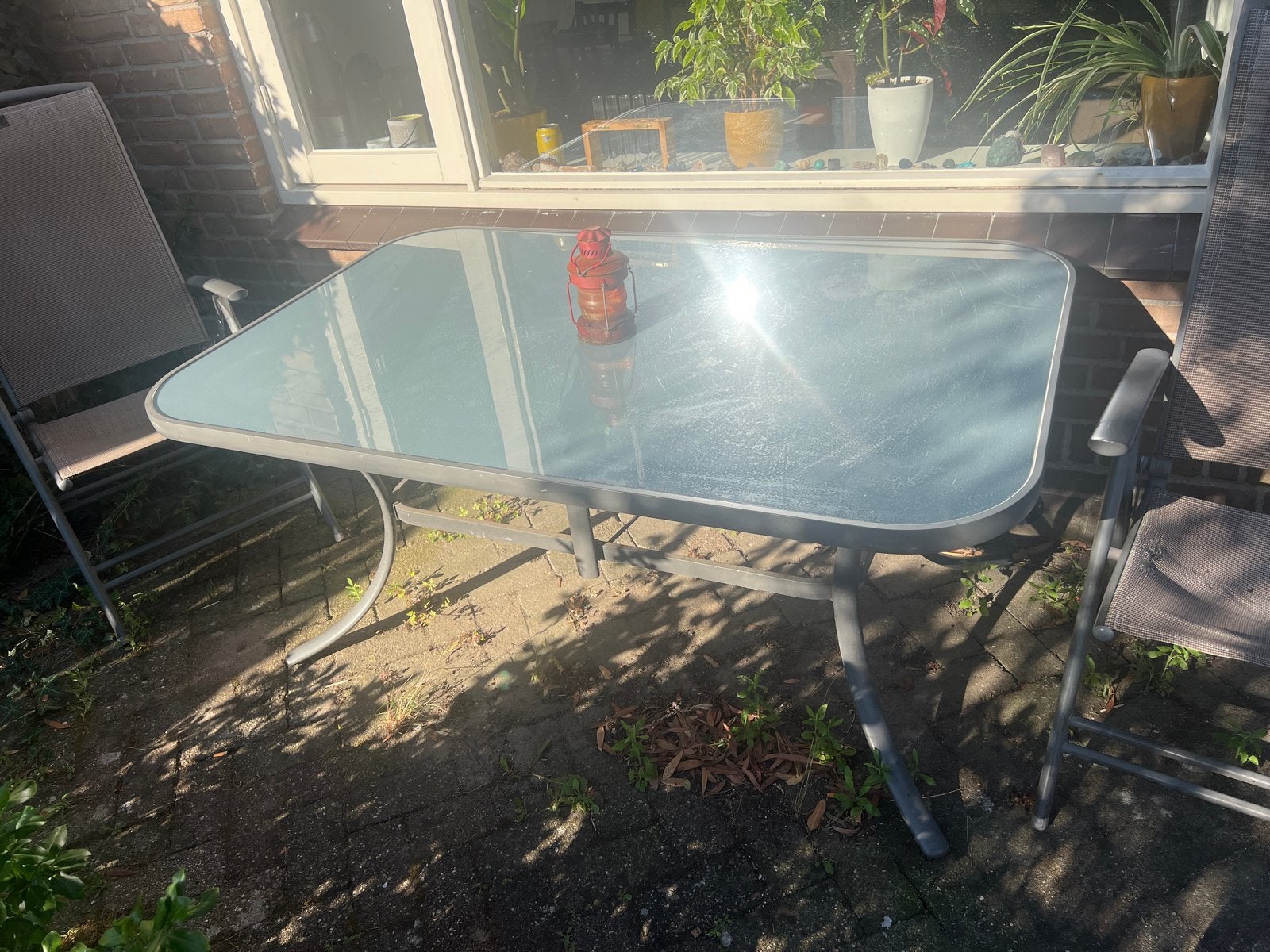 Buitentafel van ijzer en gehard glas (152x96cm), Ophalen, Gebruikt, Rechthoekig, Metaal
