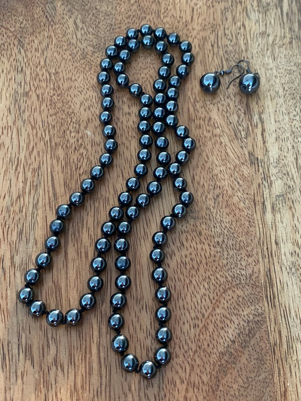 Vintage lange hematiet parelketting & oorbellen, Ophalen of Verzenden, Zo goed als nieuw, Zwart, Steen of Mineraal
