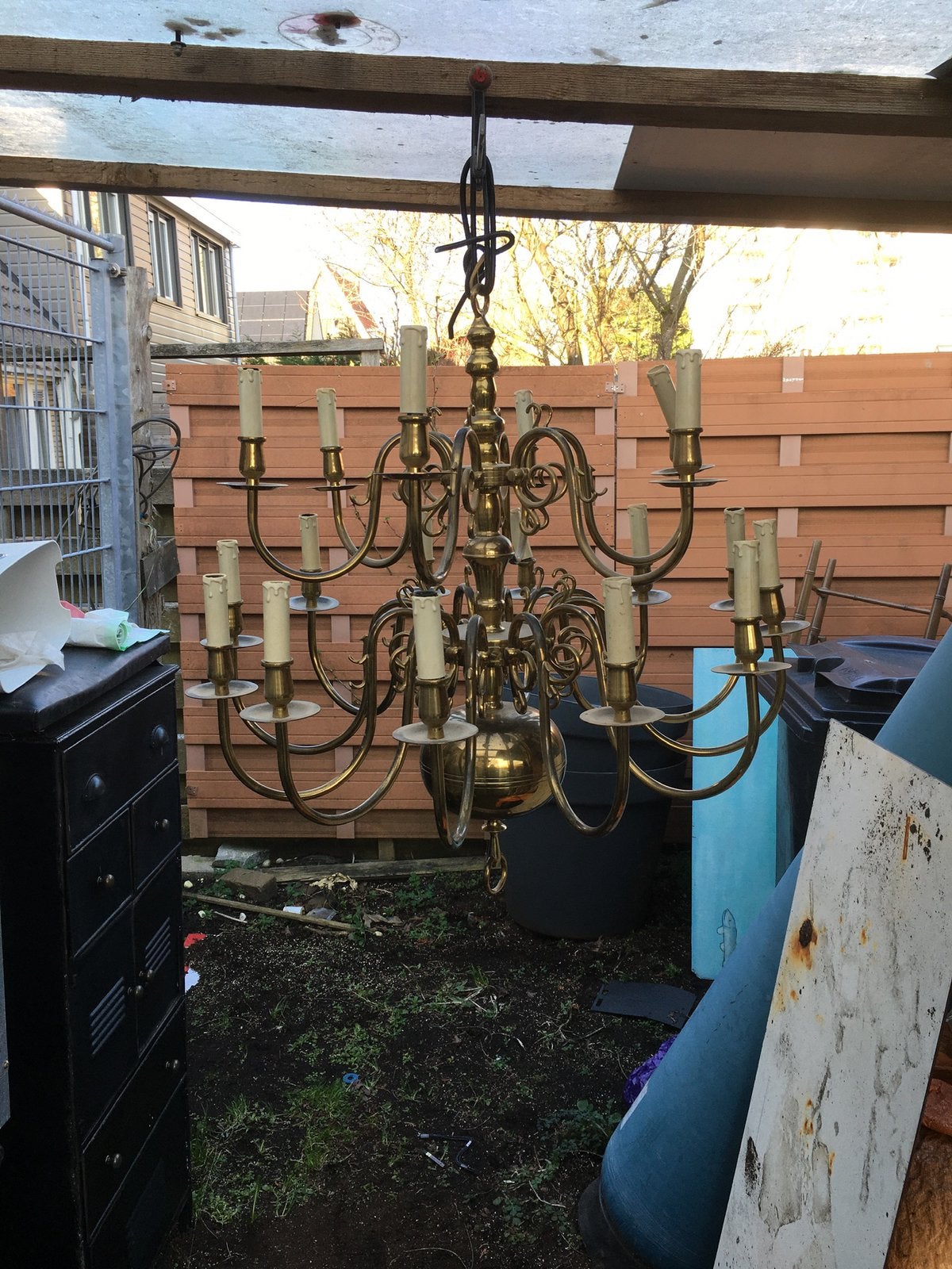 Koperen chandelier met 18 armen, Huis en Inrichting, Lampen | Kroonluchters, Ophalen, Gebruikt, Metaal, E14 (klein)