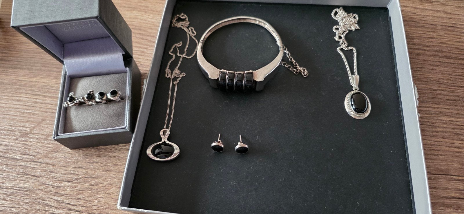 zilveren vintage sieraden set met onyx stenen 925/10, Ophalen of Verzenden, Zilver, Armband, Met edelsteen