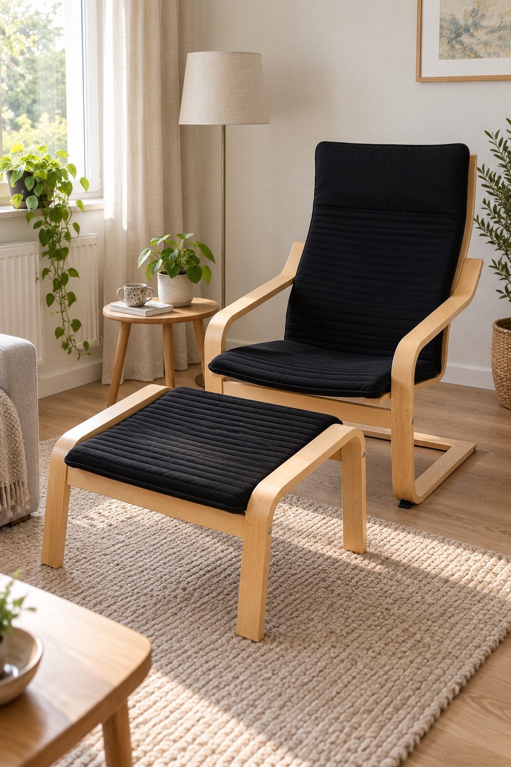 IKEA POÄNG fauteuil met voetenbank - Zwart/Berkenfineer, Huis en Inrichting, Zwart, Ophalen of Verzenden, Zo goed als nieuw, Eén