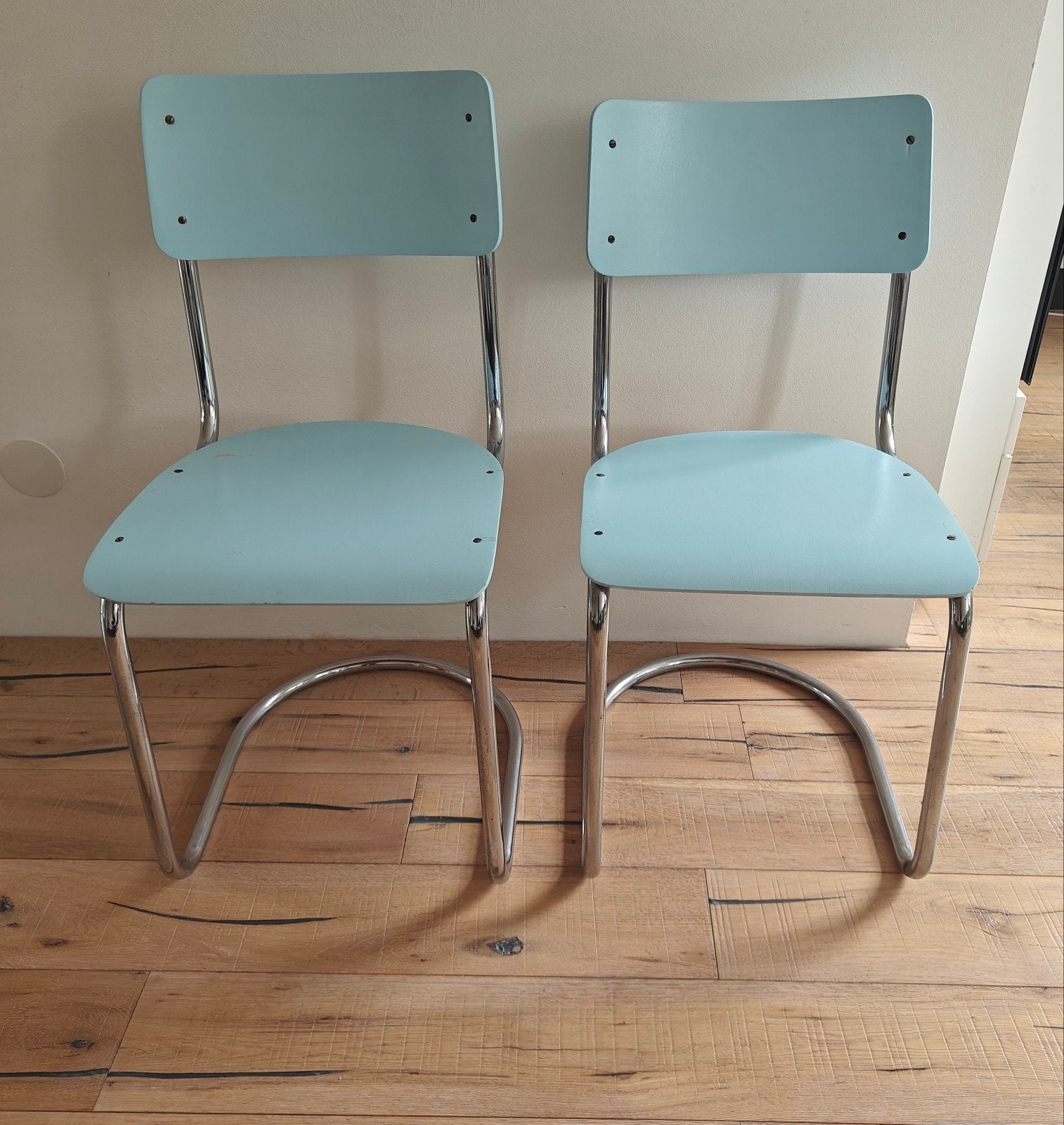 Set van 2 orginele vintage buisframe stoelen - lichtblauw, Ophalen
