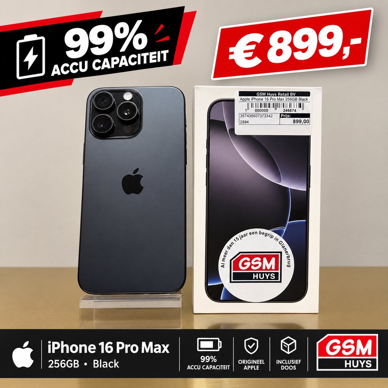 iPhone 16 Pro Max 256GB Zwart - GSM Huys, 256 GB, 99 %, Zwart, IPhone 16 Pro Max