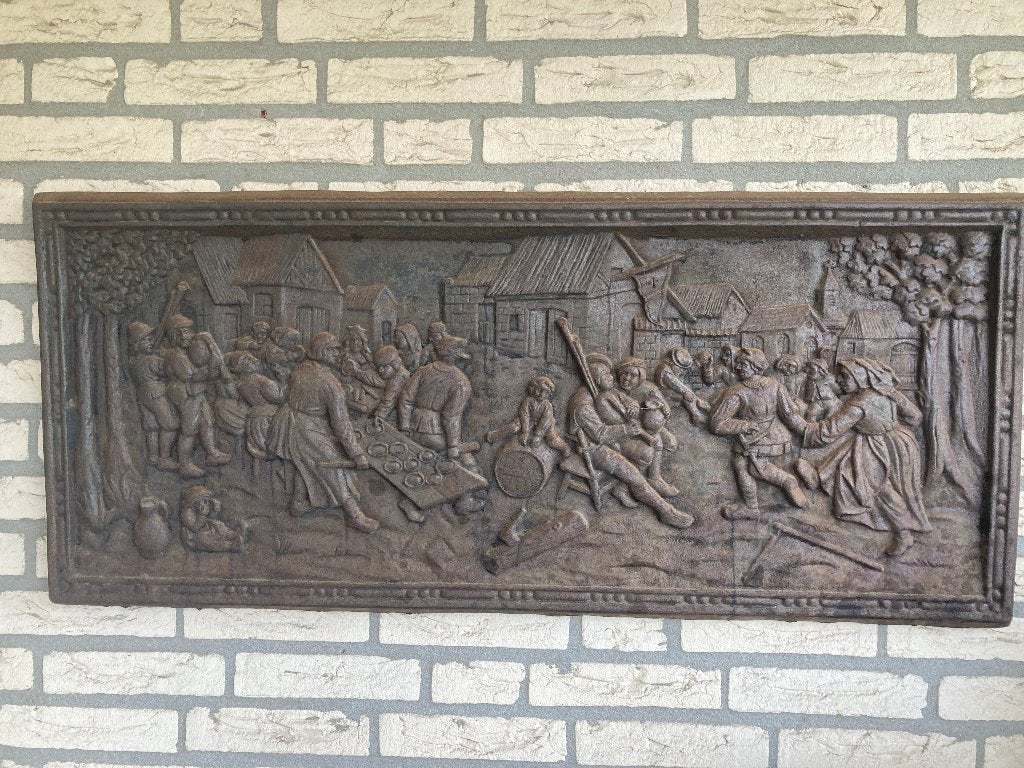 Gietijzeren Wandplaat / Haardplaat - "De Boerendans", Ophalen, Metaal, Gebruikt, 45 cm