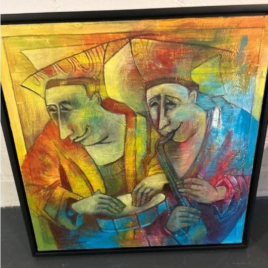 Modern Kleurrijk Schilderij met Zwarte Lijst, Ophalen of Verzenden, Figuren