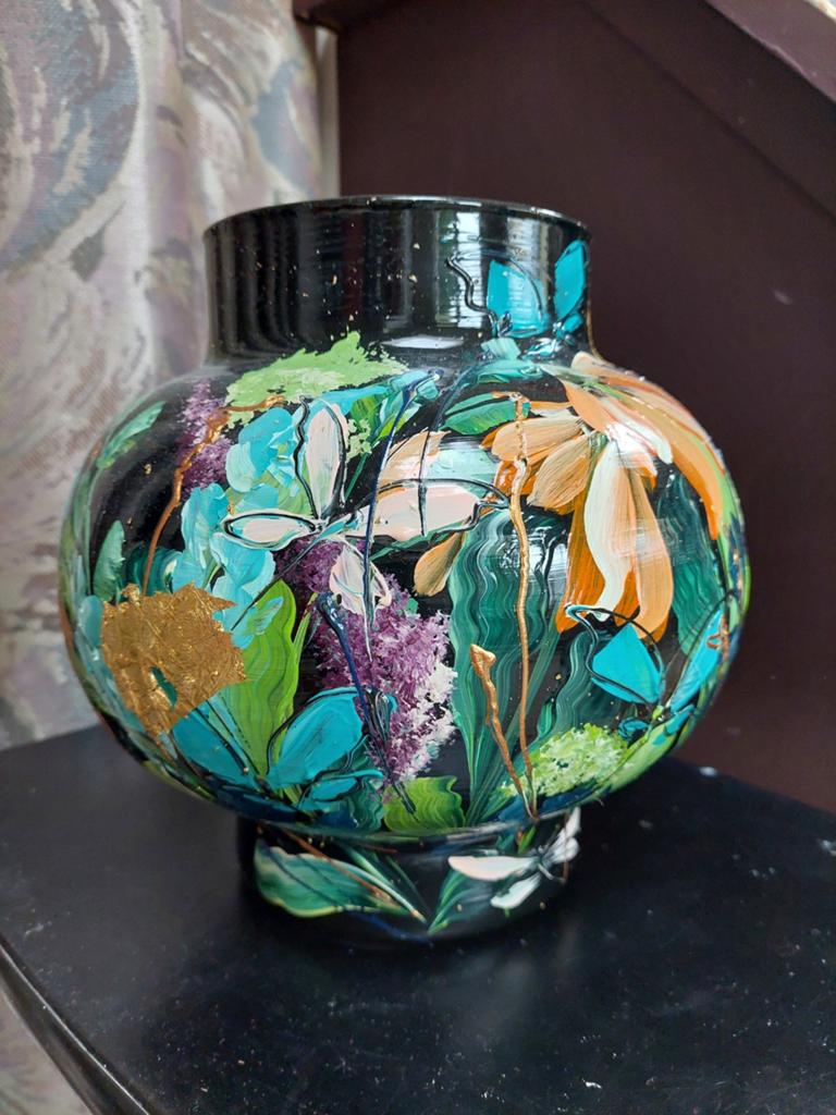 Kunst van Sharon vaas model Fiep zwarte vaas Sharon de Jager, Zwart, Ophalen of Verzenden, Minder dan 50 cm, Glas