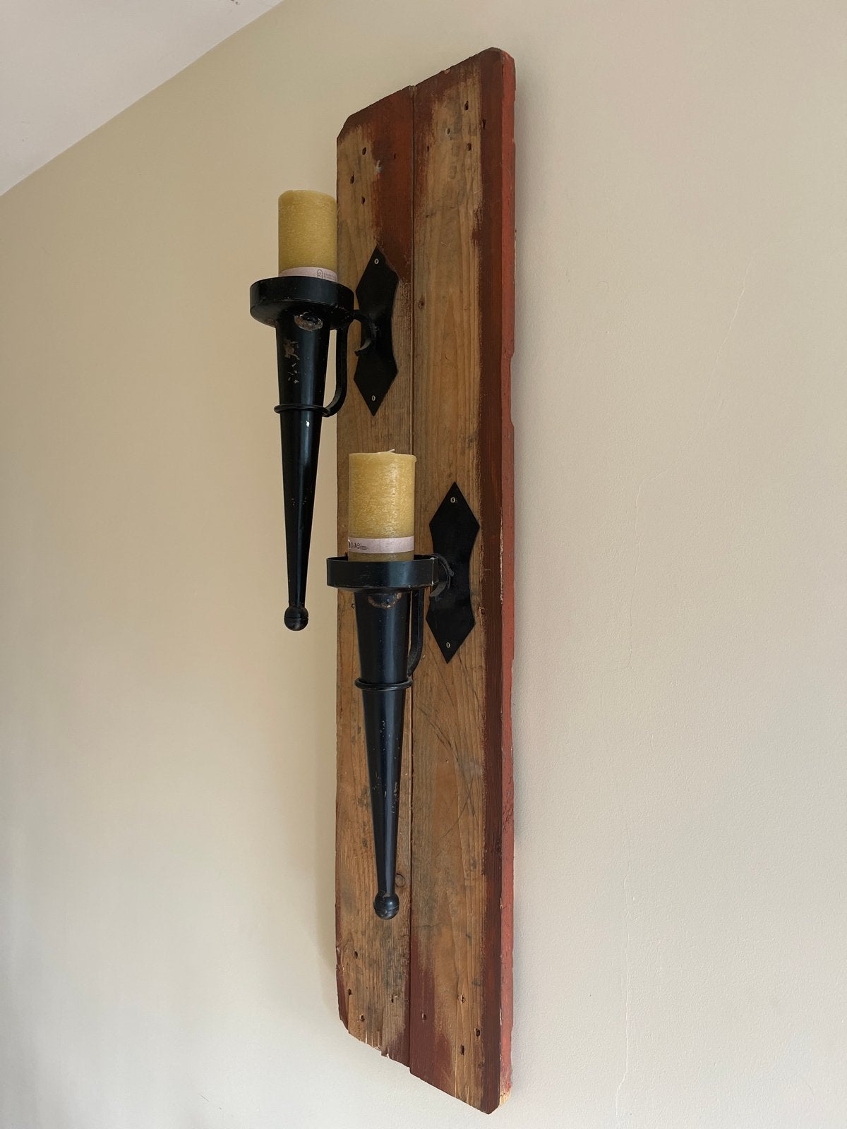 Rustieke wandkandelaar van hout en metaal, 120x28 cm, Huis en Inrichting, Woonaccessoires | Kandelaars en Kaarsen, Ophalen, Gebruikt