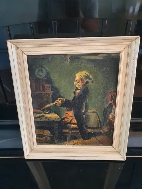 Schilderij oude man achter een bureau gesigneerd. Op hout., Antiek en Kunst, Ophalen