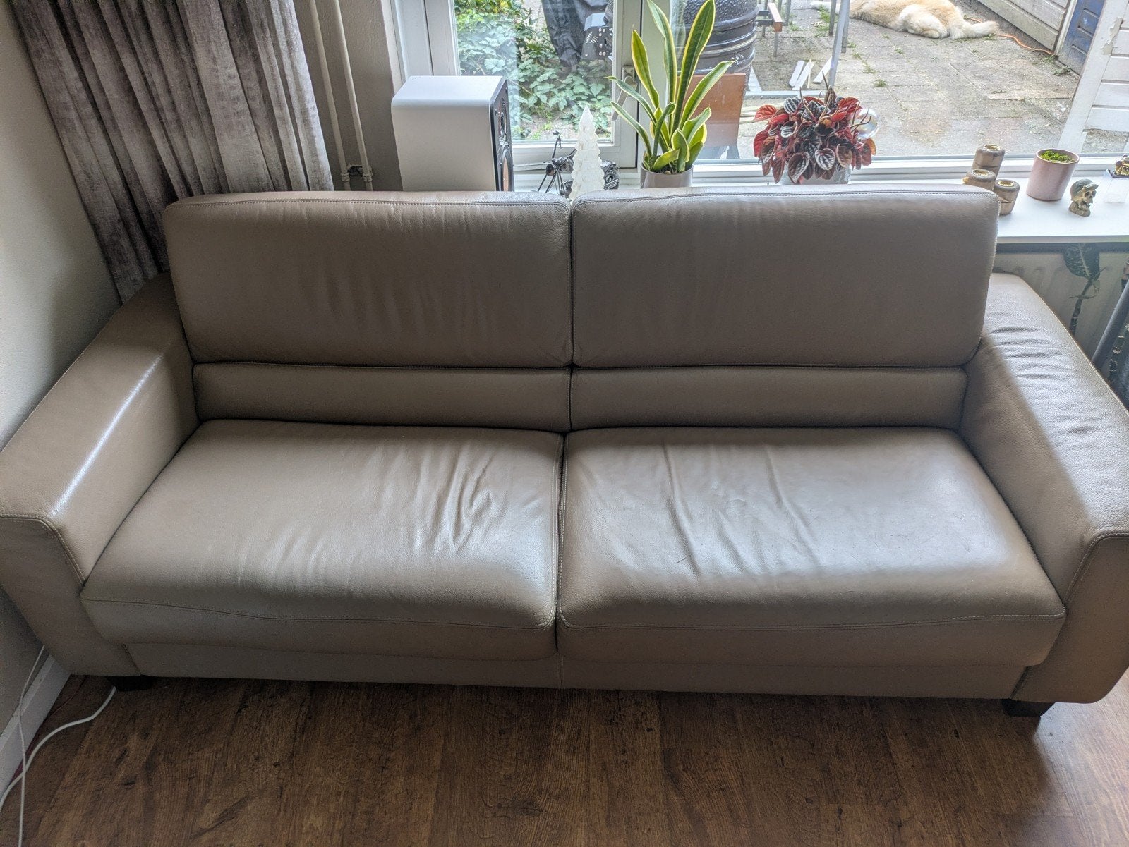 Leren beige 3-zits bank 220 x 90, Ophalen, Gebruikt, Driepersoons, Rechte bank