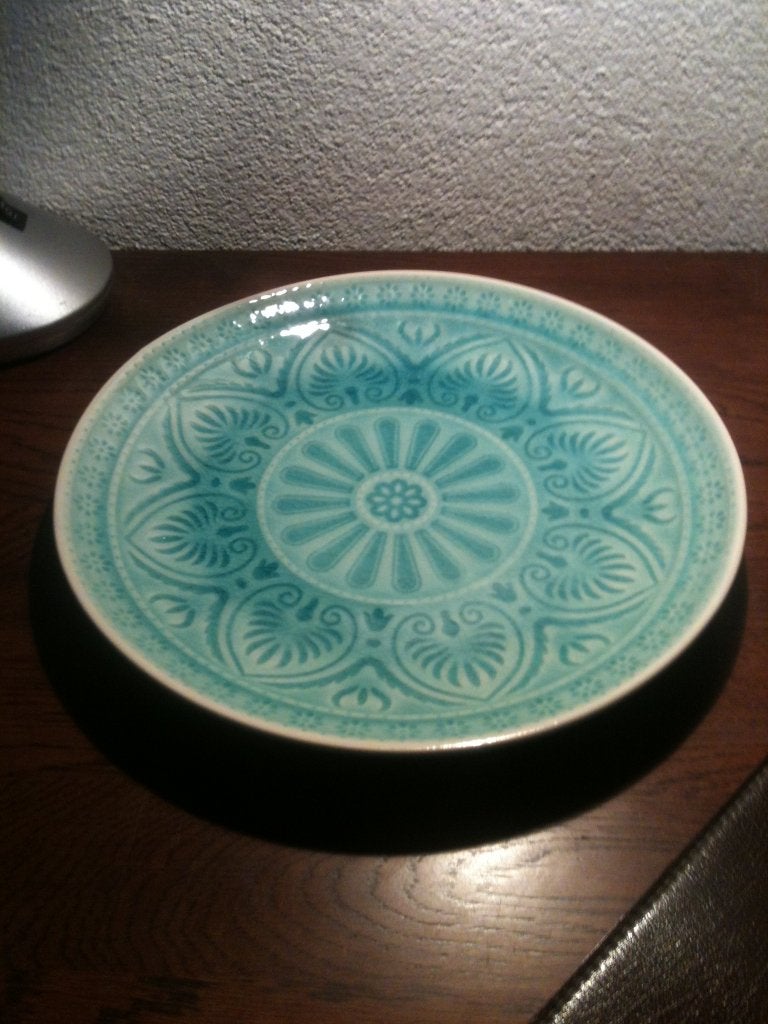 Design bord butler keramiek turquoise br 26 cm, Overige merken, Keramiek, Ophalen of Verzenden, Zo goed als nieuw