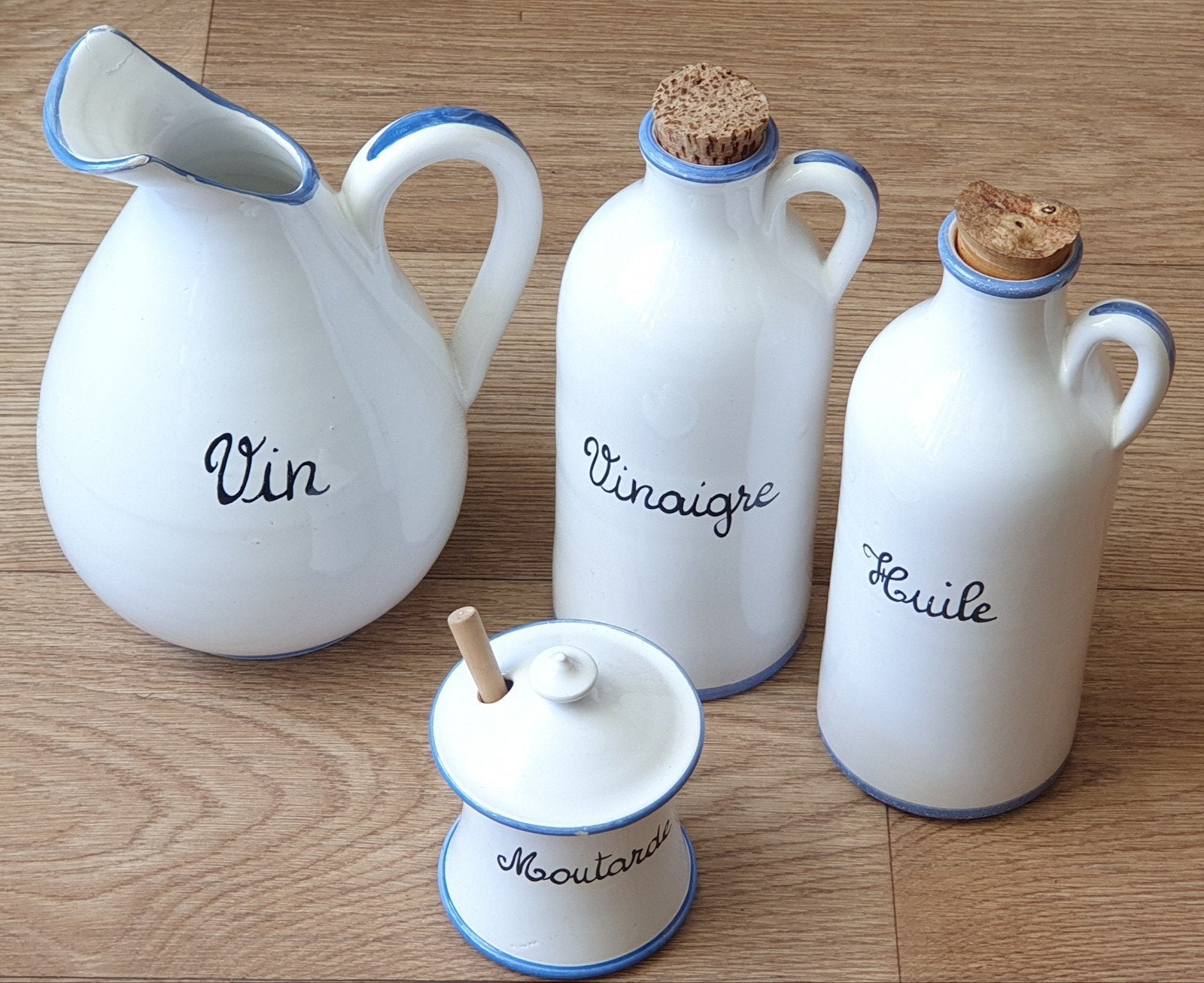 Brocante Franse wijnkan, olie, azijn en mosterdset, Ophalen, Gebruikt, Overige materialen