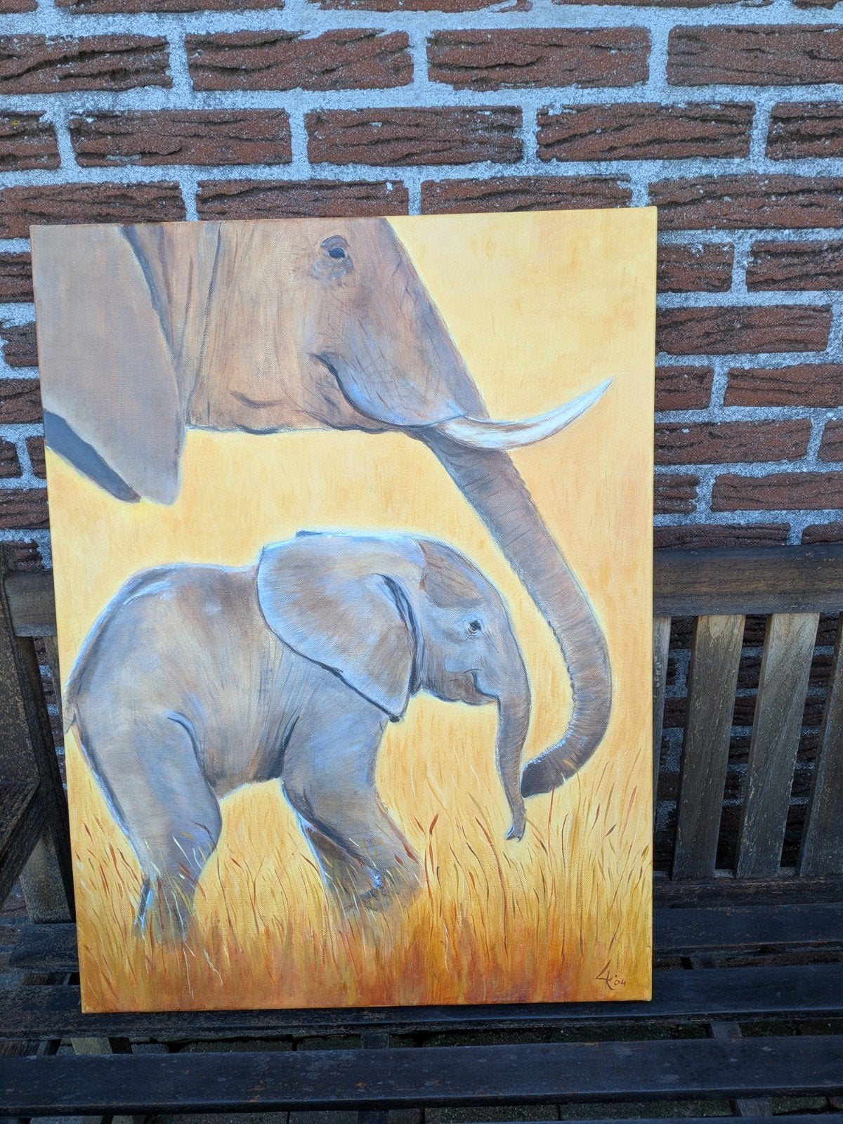Schilderij olieverf olifant met kalf, Ophalen, Realistisch, Dieren