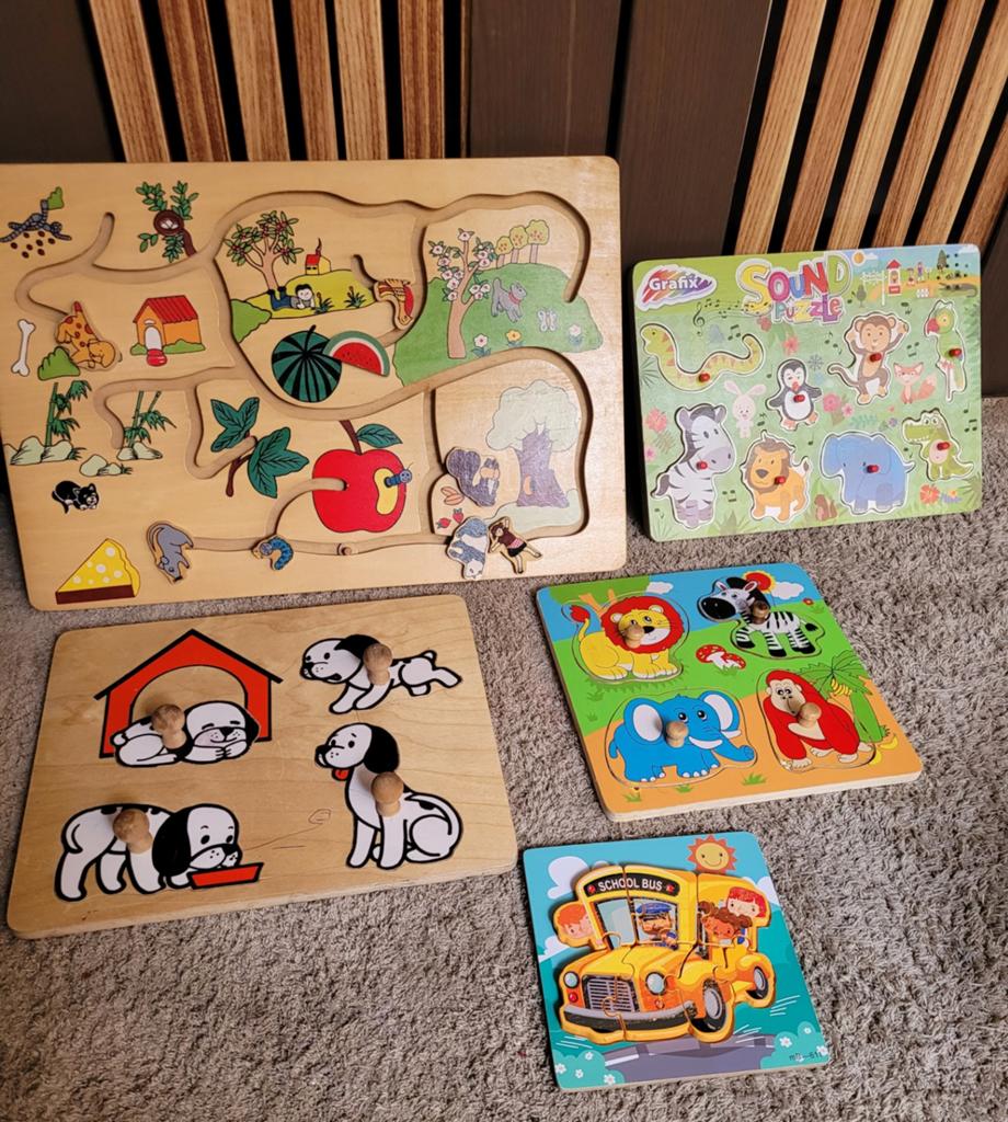 Houten puzzels en geluidspuzzel voor kinderen, 2 tot 4 jaar, Gebruikt, Ophalen of Verzenden, Van hout