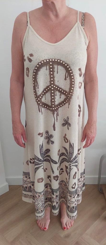 Issima jurk met palmboom en peace teken - Maat M, Beige, Maat 42/44 (L), Ophalen of Verzenden, Zo goed als nieuw
