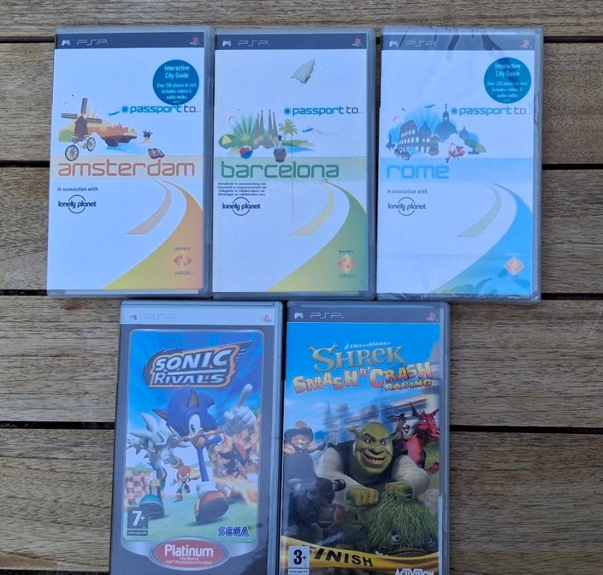 PSP Games: Sonic Rivals, Shrek & Lonely Planet Reisgidsen, Ophalen, 1 speler, Racen en Vliegen, Zo goed als nieuw