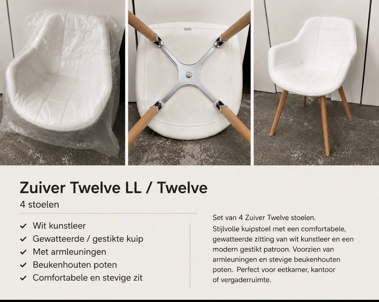 Set van 4 Zuiver Twelve LL stoelen - Wit kunstleer, Huis en Inrichting, Stoelen, Ophalen, Kunststof, Gebruikt, Wit