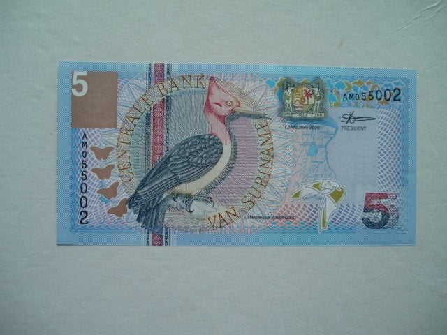1366. Suriname, 5 gulden 2000 UNC Red-necked Woodpecker., Verzenden, Zuid-Amerika, Los biljet