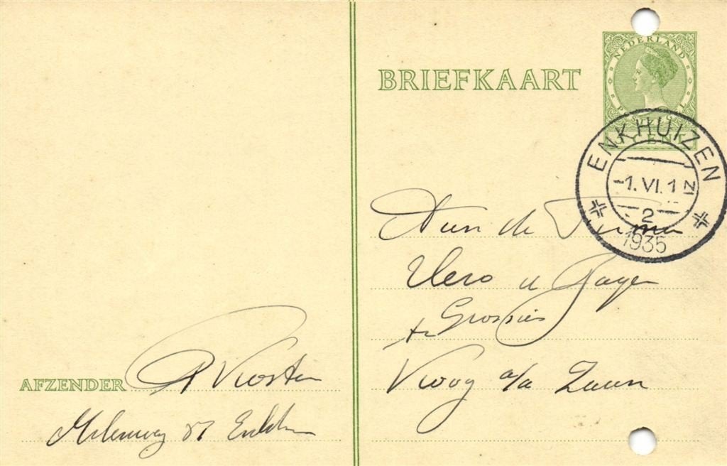 D. Koster, Enkhuizen - 06.1935 - briefkaart, Postzegels en Munten, Brieven en Enveloppen | Nederland, Ophalen of Verzenden, Briefkaart