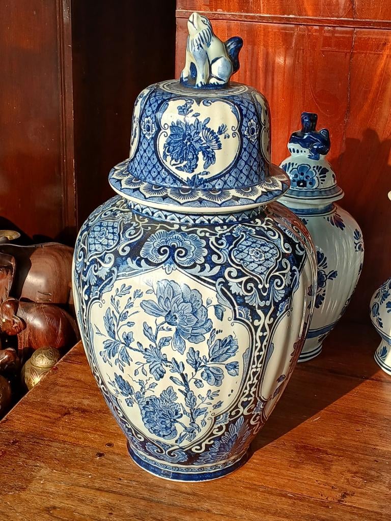 Antieke Delfts Blauwe Gemberpot met Deksel en Foo Dog, Ophalen of Verzenden
