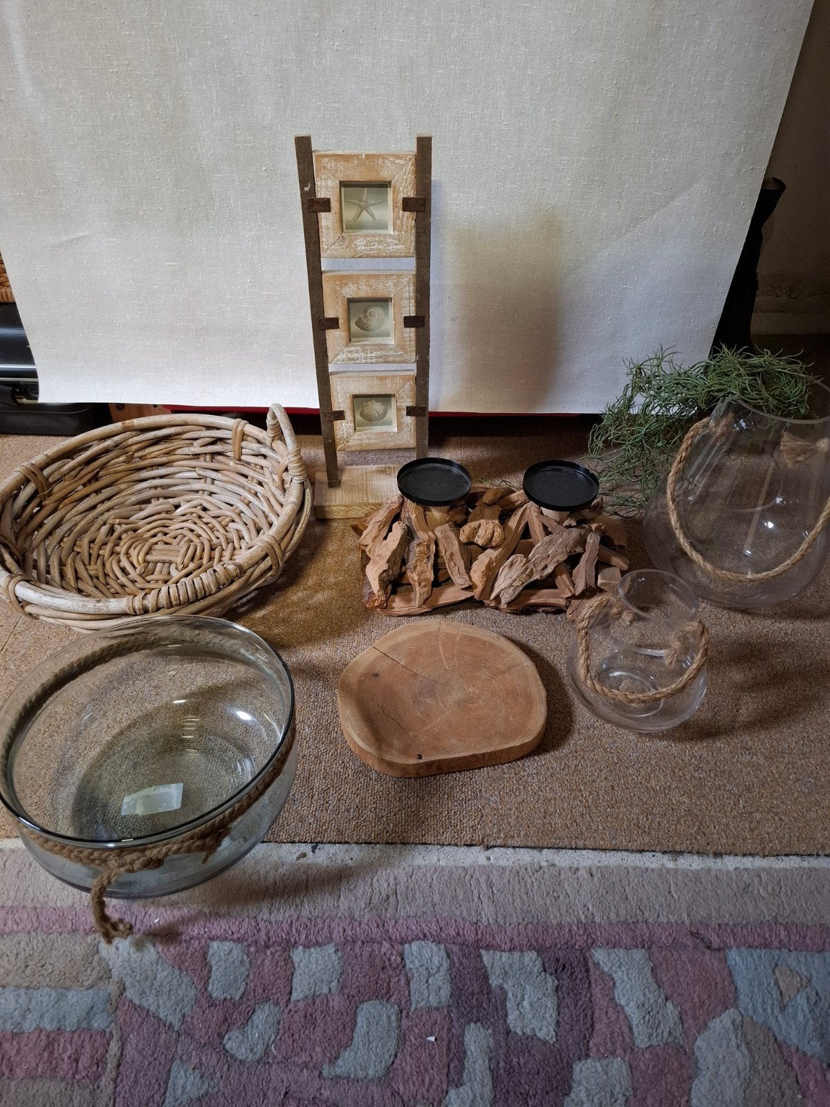 Decoratie set: mand, vazen, kandelaar en fotolijst, Ophalen, Hout, Bruin, Landelijk