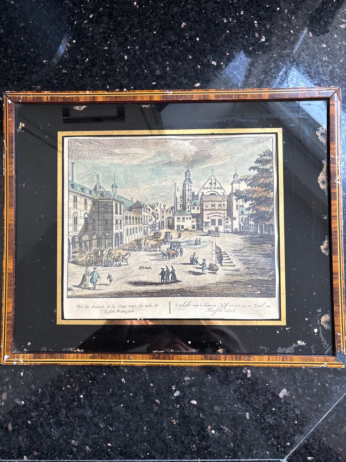 Handgekleurde opticaprent van het Binnenhof., Handgekleurd, Ets, Stadsgezicht, Ophalen of Verzenden