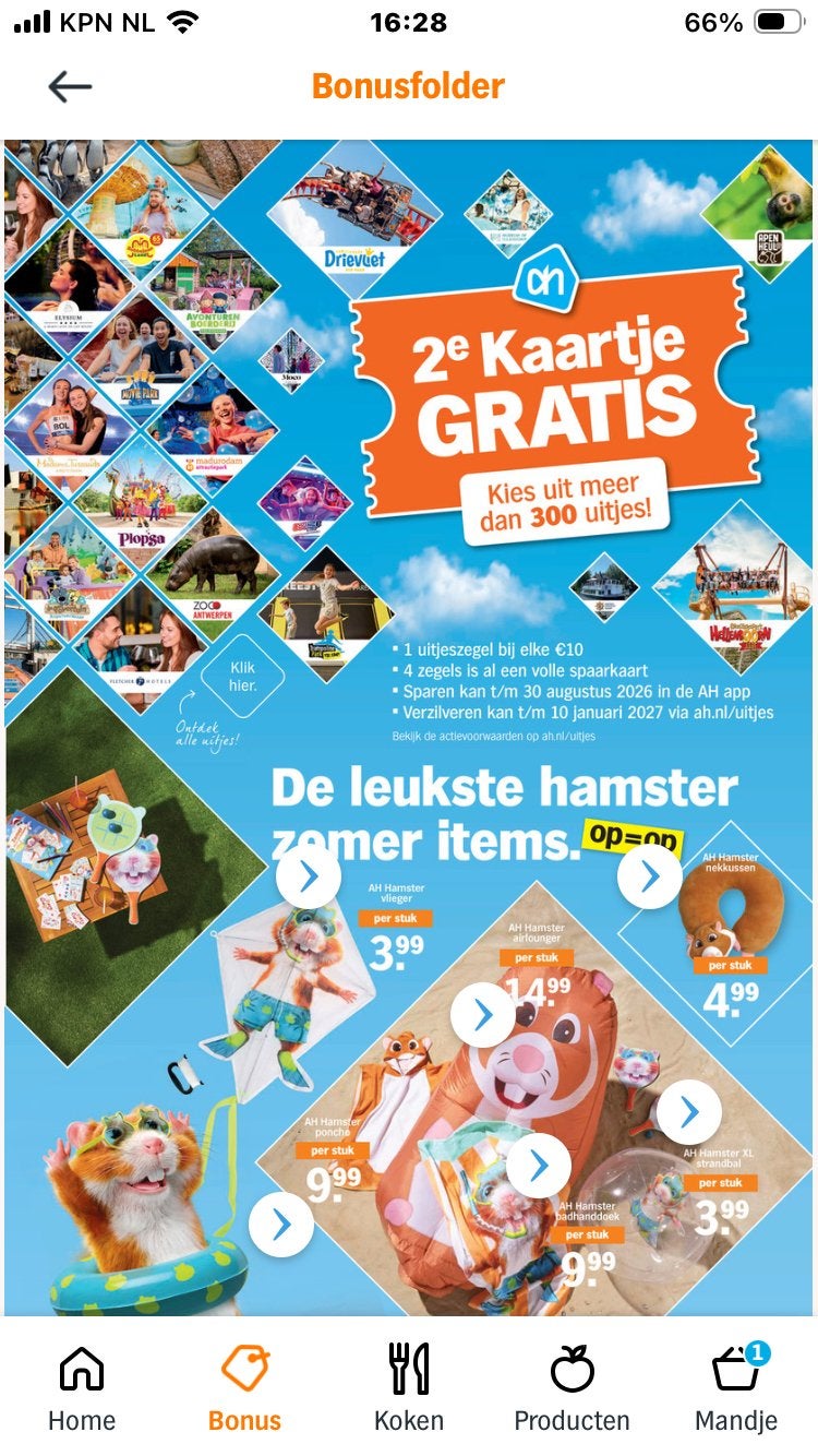 Te koop uitjes zegels albert heijn 2 kaartjes 0,50, Ophalen of Verzenden
