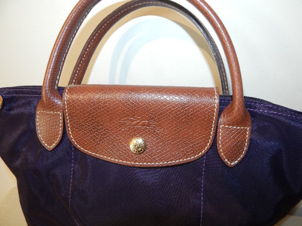 Longchamp aubergine paarse handtas met  buin leer, Verzenden, Zo goed als nieuw, Paars, Handtas