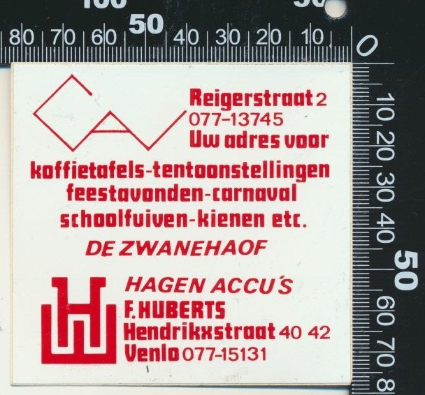 Sticker: Huberts Koffietafels Feestavonden Carnaval - Venlo, Ophalen of Verzenden, Zo goed als nieuw, Bedrijf of Vereniging