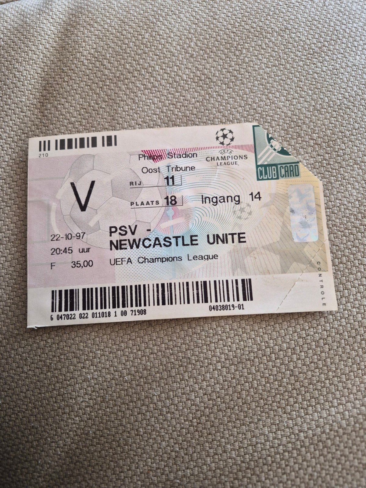 Ticket PSV - Newcastle United, Verzamelen, Sportartikelen en Voetbal, Ophalen of Verzenden, Gebruikt, PSV, Overige typen