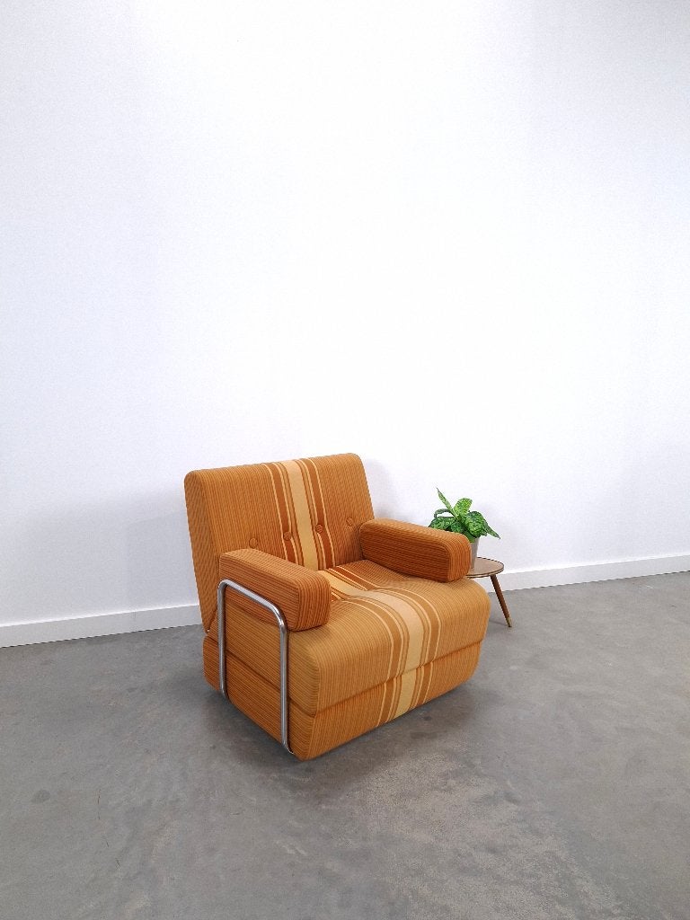 Vintage Jaren 70 uittrekbare fauteuil, bruin, slaapbank, 1, Gebruikt, Eenpersoons, Bruin, 80 cm