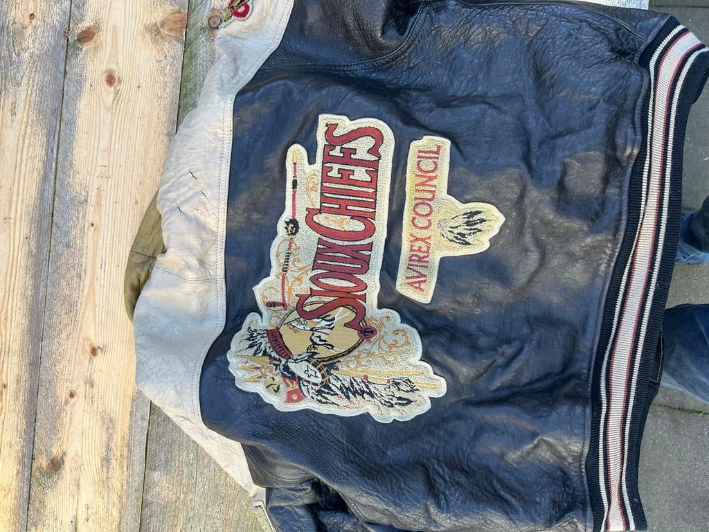 Vintage Avirex Varsity Leren jas Zwart/Beige, Ophalen of Verzenden, Gedragen, Overige maten, Zwart