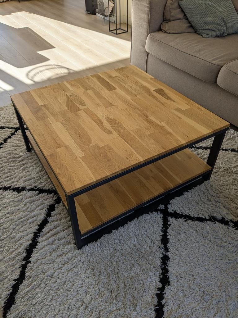 Vierkante salontafel massief eikenhout en staal, 80x80 cm, Ophalen, 50 tot 100 cm, 50 tot 100 cm, Minder dan 50 cm