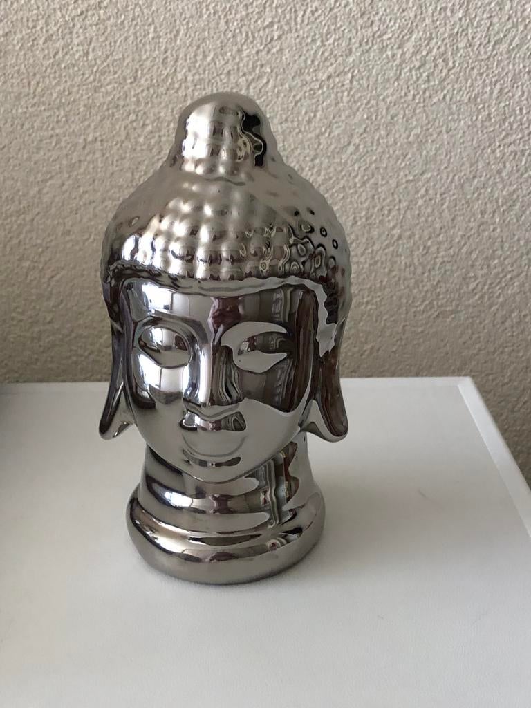 Zilverkleurig Boeddha Hoofd Decoratiebeeld, Huis en Inrichting, Woonaccessoires | Boeddhabeelden, Ophalen, Zo goed als nieuw