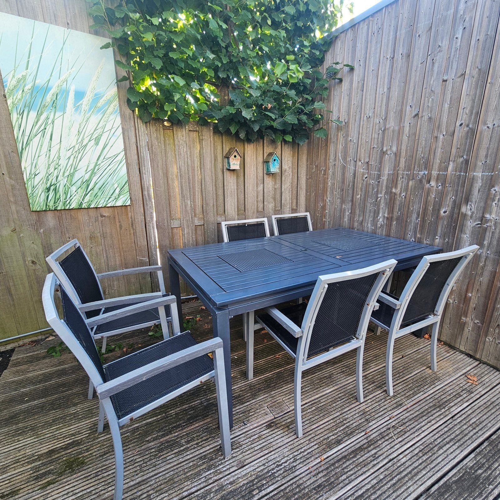 Hartman tuintafel met 6 stoelen en kussens, Ophalen, Gebruikt, 6 zitplaatsen, Aluminium