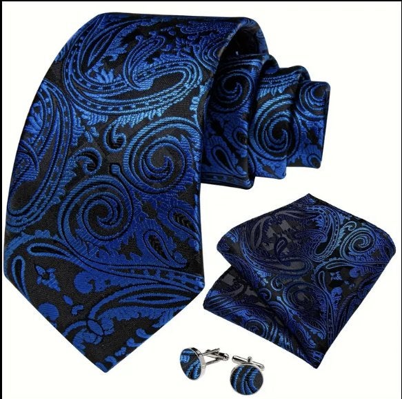 100% zijde Stropdas Pochet Manchetknopen Blauw Zwart -NIEUW-, Ophalen of Verzenden, Nieuw, Blauw, Met patroon