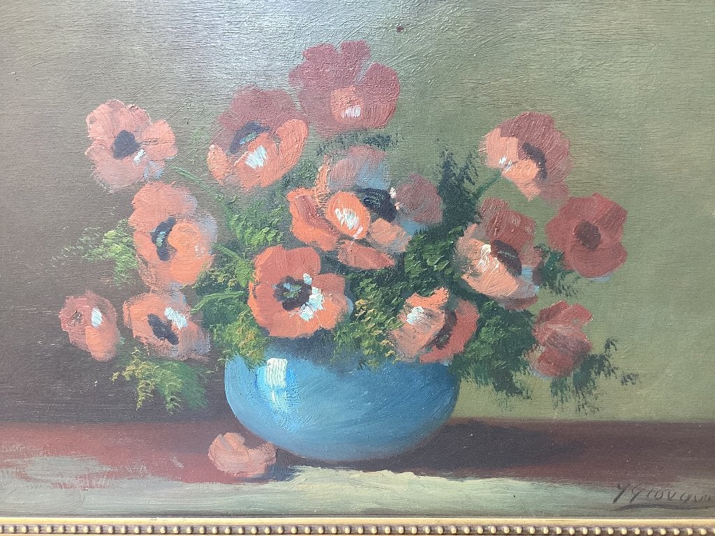 Schilderij met rode bloemen, blauwe vaas, Ophalen