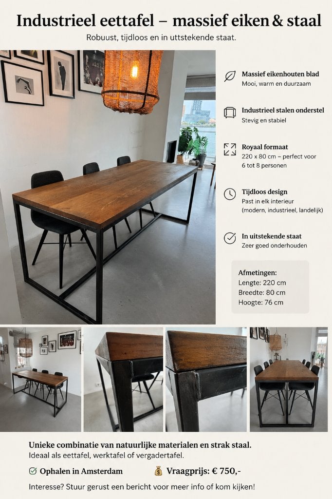 Op maat gemaakte eettafel: eiken & staal – 220 x 80 cm, Huis en Inrichting, Tafels | Eettafels, Ophalen, Gebruikt, Eikenhout, 200 cm of meer