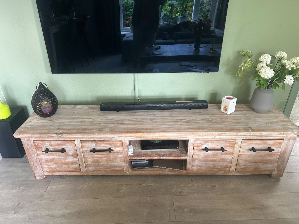 Teakhouten TV-meubel in White Wash, Ophalen, Gebruikt, Landelijk, Robuust, Teakhout