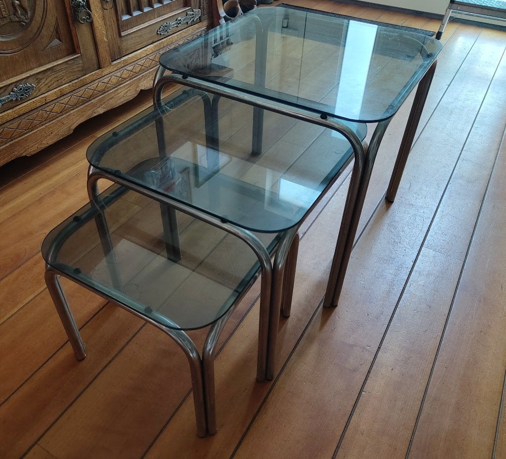 Vintage 70s glazen bijzettafels (3 stuks), Ophalen, Gebruikt, 50 tot 100 cm, 50 tot 100 cm