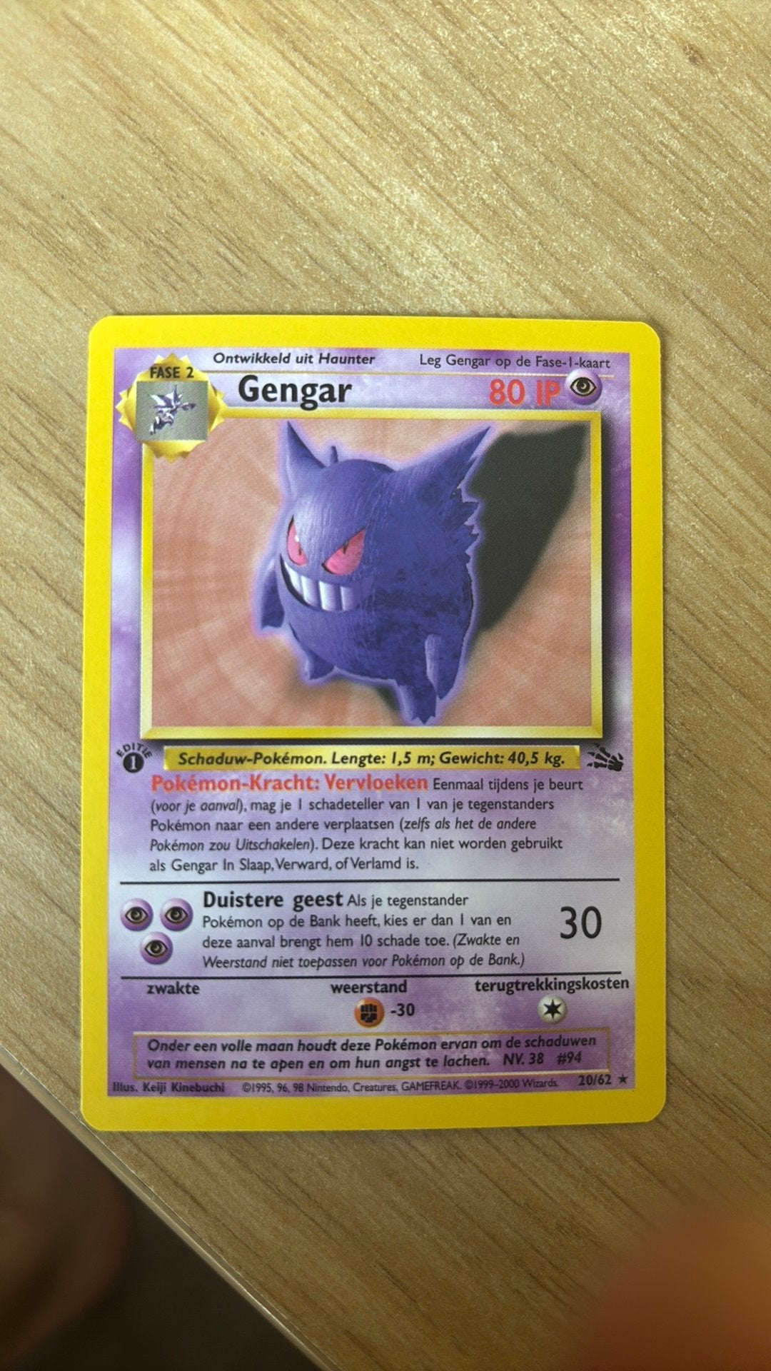 Gengar 20/62 first edition, Hobby en Vrije tijd, Verzamelkaartspellen | Pokémon, Ophalen of Verzenden, Zo goed als nieuw