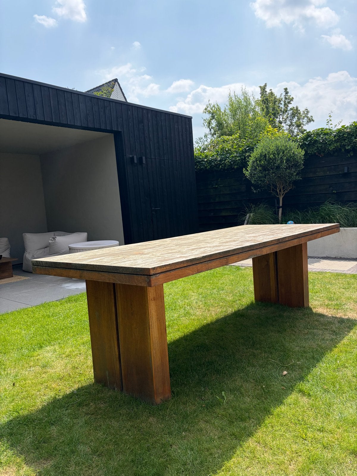 Houten tuintafel met T-poten - 2,5 meter, Tuin en Terras, Ophalen, Gebruikt, Rechthoekig, Hout