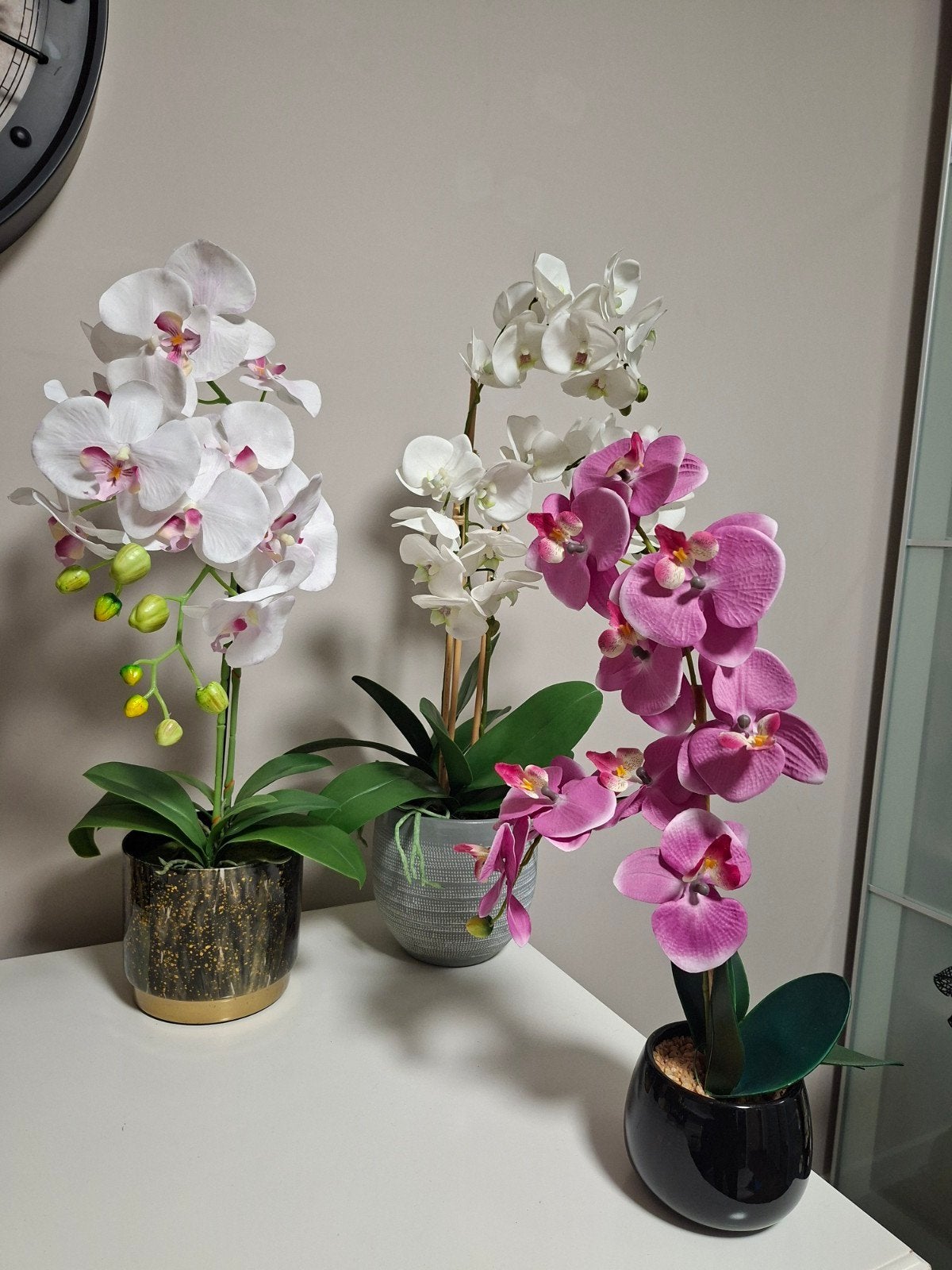 Set van 3 Kunst Orchideeën - Wit en Roze, Binnen, Met pot of vaas, Kunstbloem, Textiel